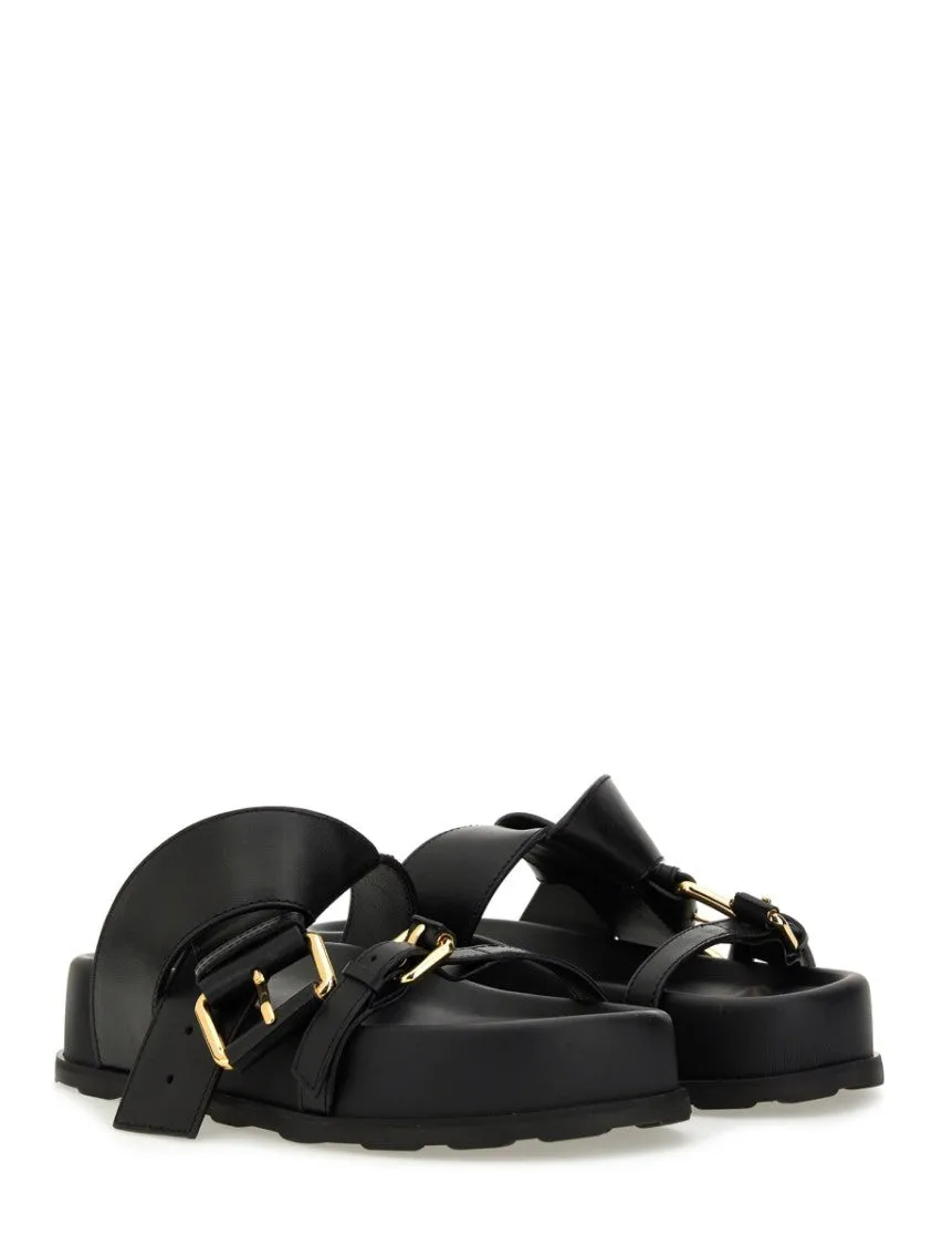 Black Leather Sandal With Woven Buckle Detail