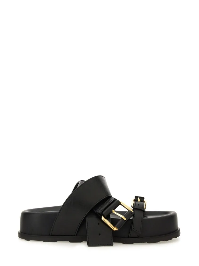 Black Leather Sandal With Woven Buckle Detail