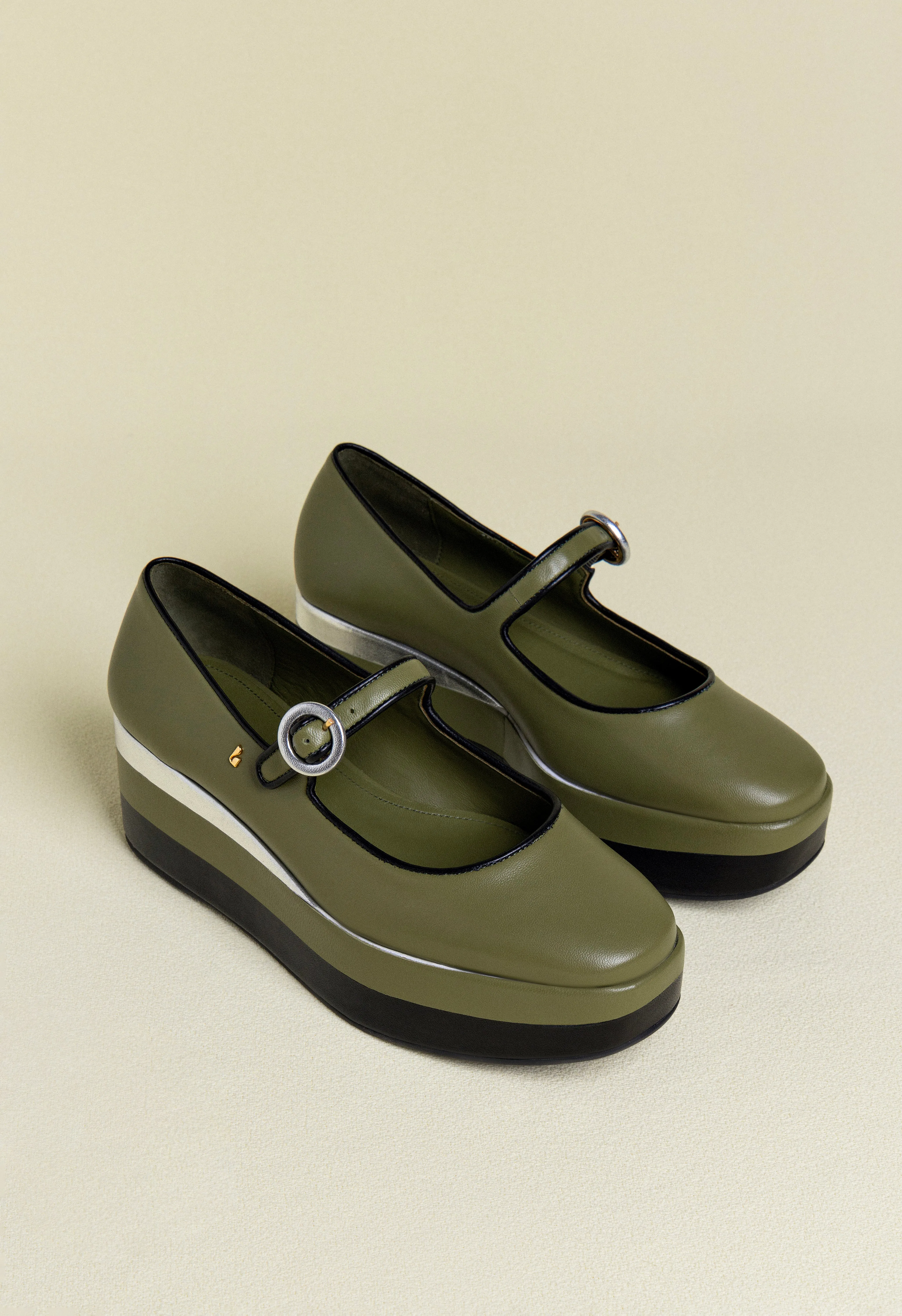Blair Flatform In Seaweed and Black Leather and Silver Metallic Leather