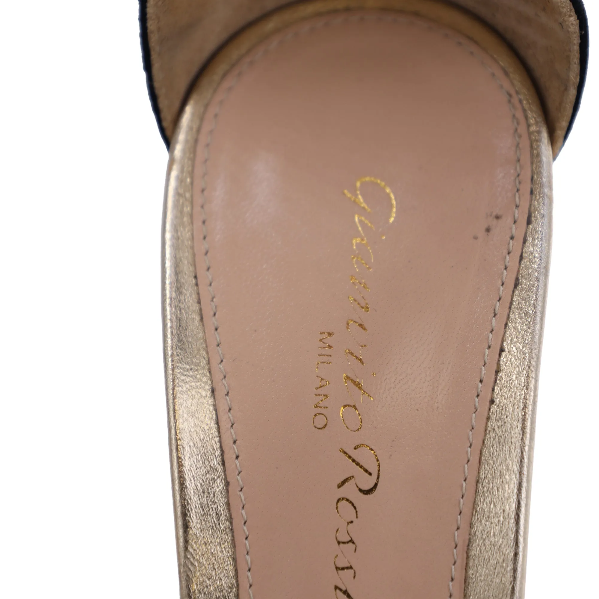 Gianvito Rossi Portofino Ankle-Strap Sandals in Gold and Black Leather and Suede