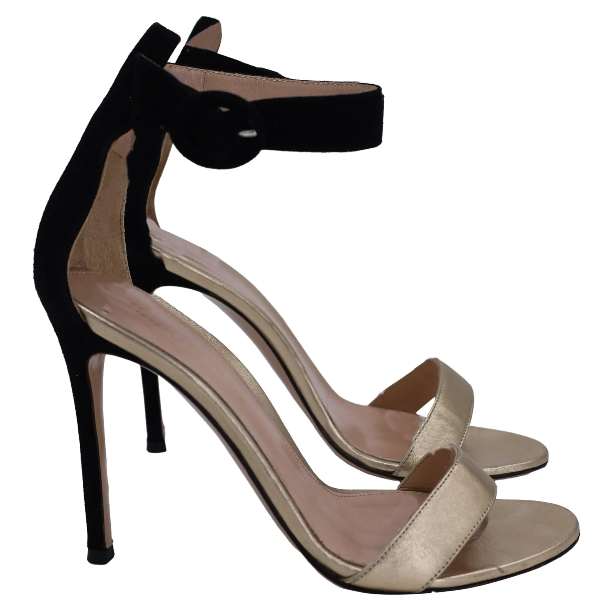 Gianvito Rossi Portofino Ankle-Strap Sandals in Gold and Black Leather and Suede