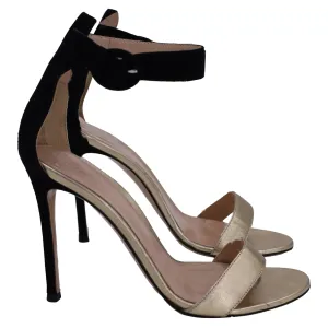 Gianvito Rossi Portofino Ankle-Strap Sandals in Gold and Black Leather and Suede