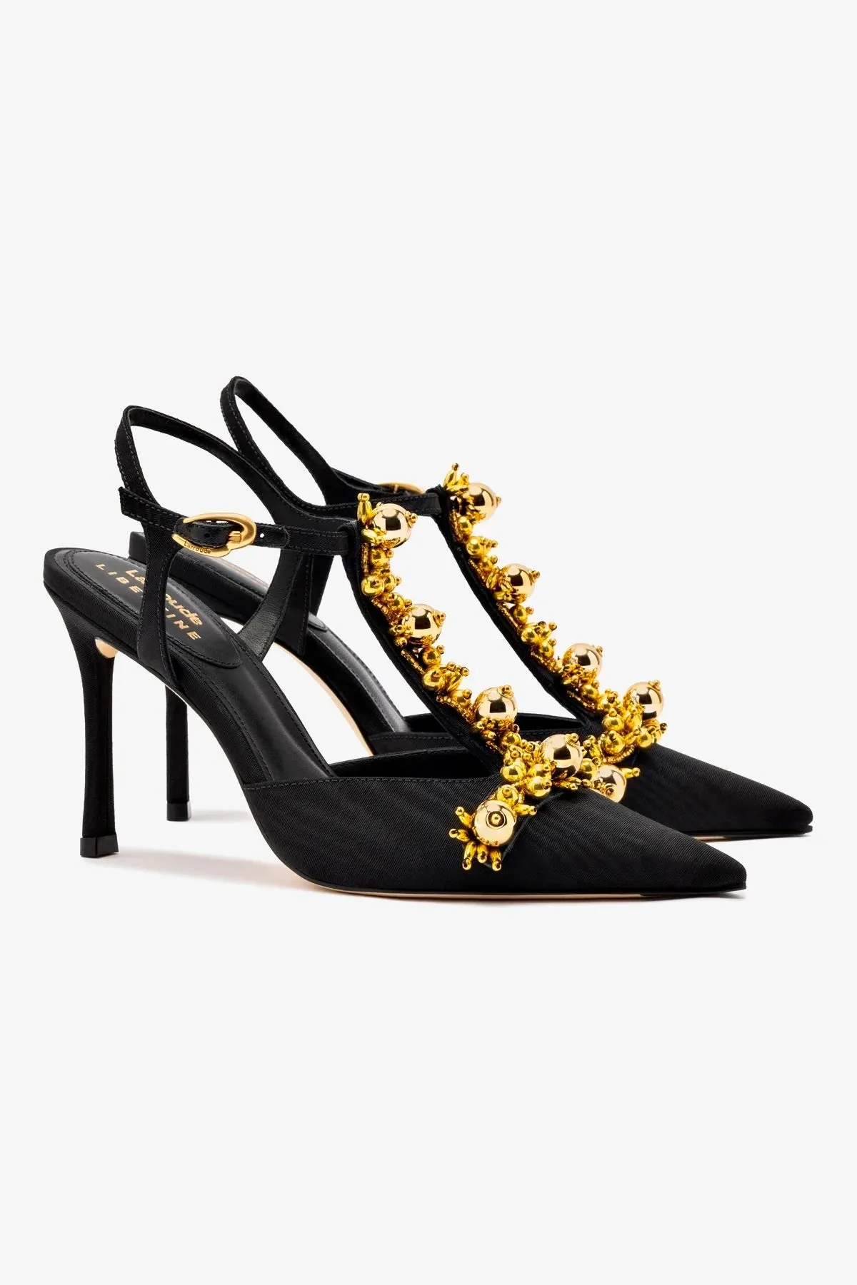 Larroud x Libertine Pump In Black Fabric and Golden Balls