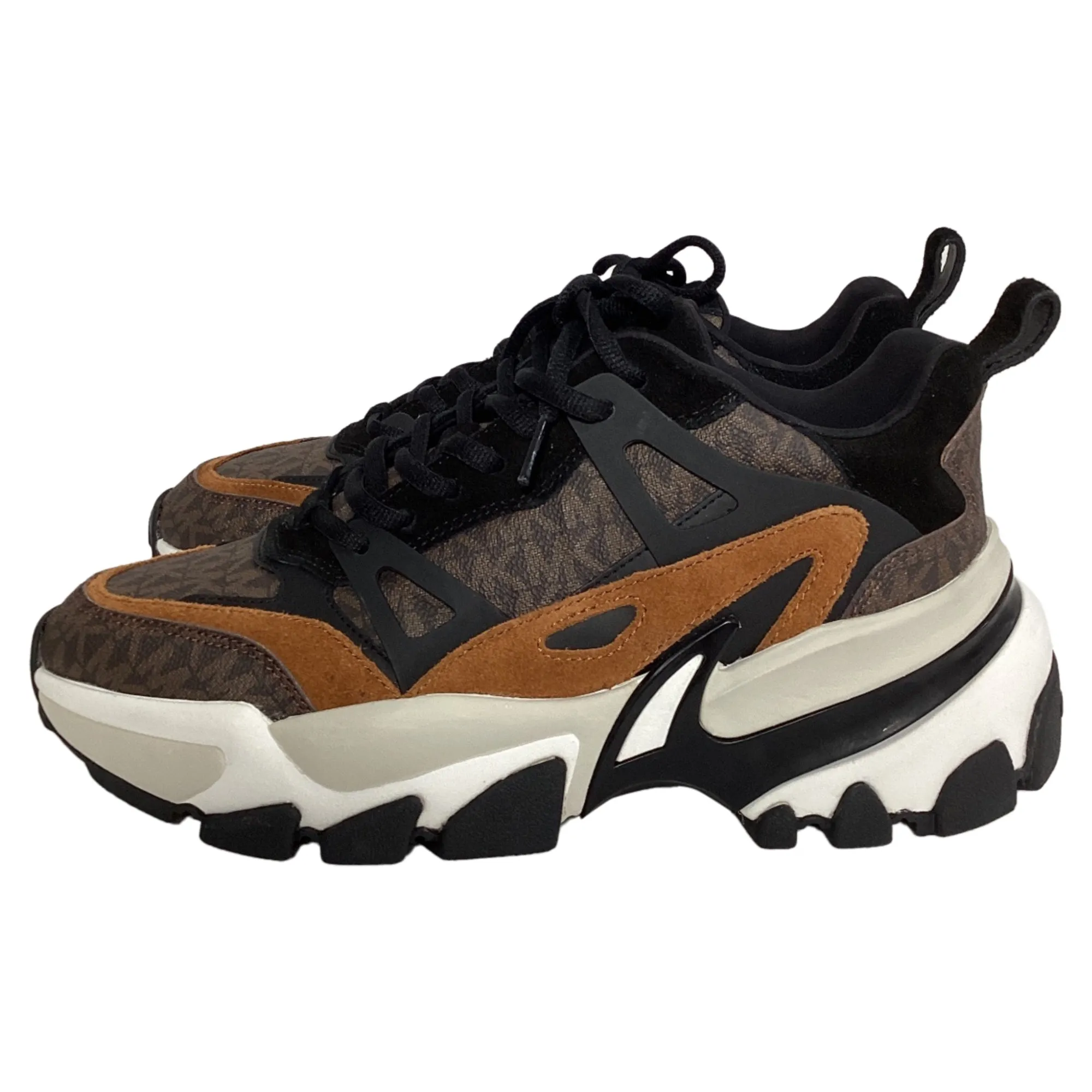 Michael Kors Nick Logo Trainer in Luggage Brown Suede and Canvas