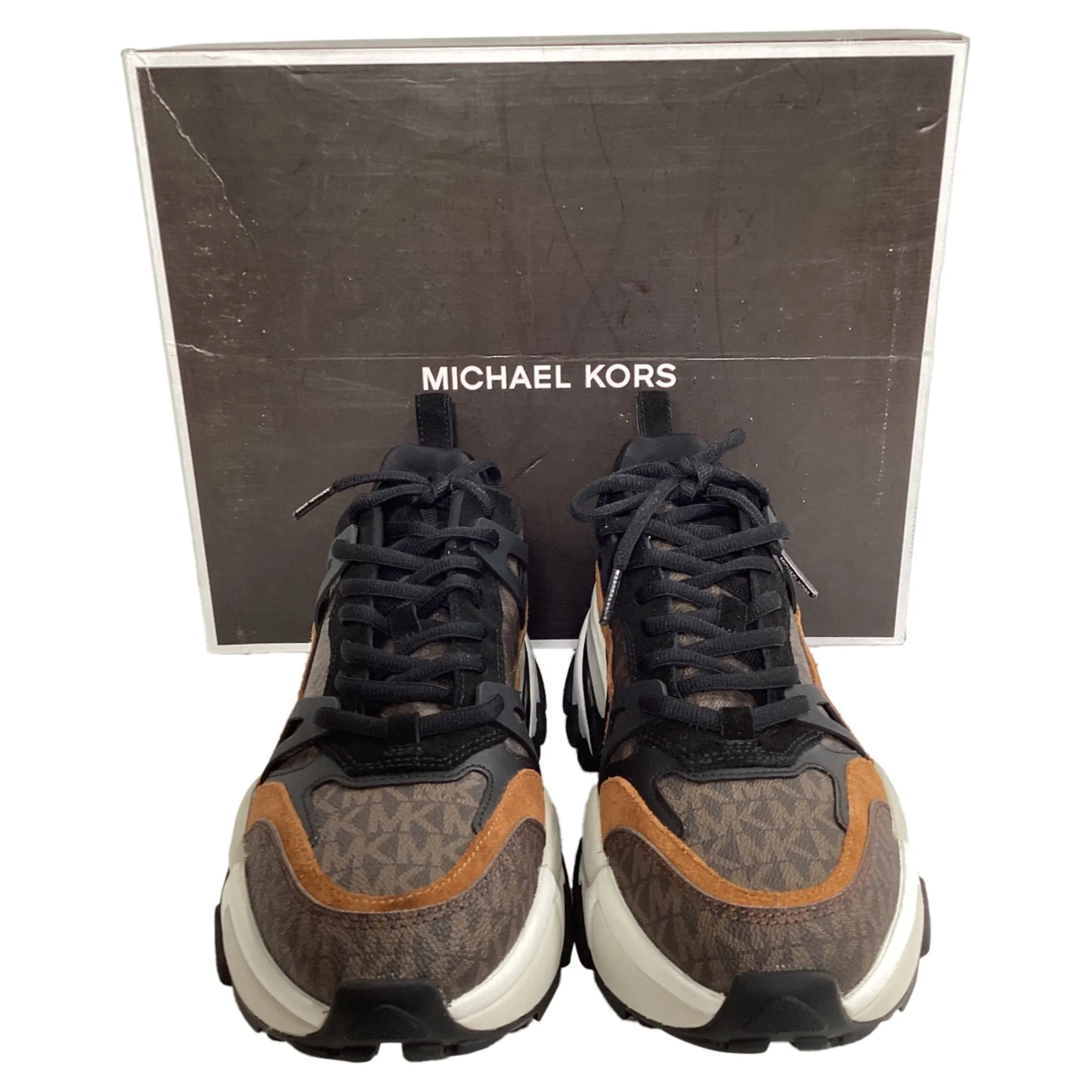 Michael Kors Nick Logo Trainer in Luggage Brown Suede and Canvas