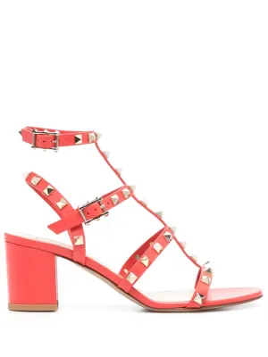 Red Leather Rockstud Sandal With Pyramid Studs And Block Heel