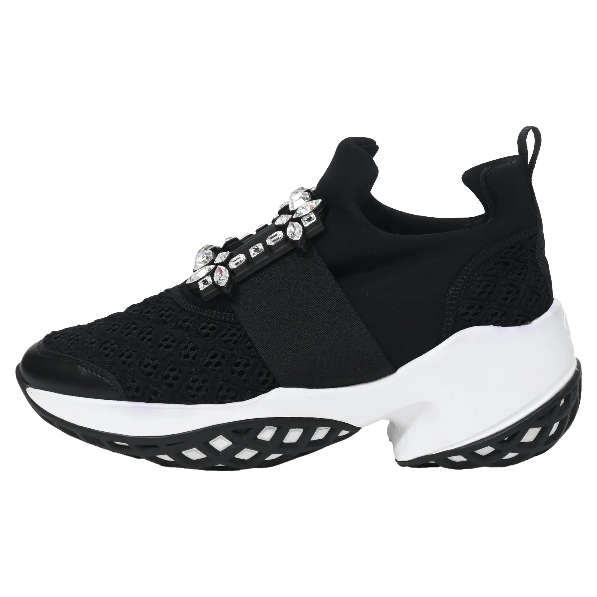 Roger Viv Mesh Crystal Embellished Slip On Sneakers in Black Nylon