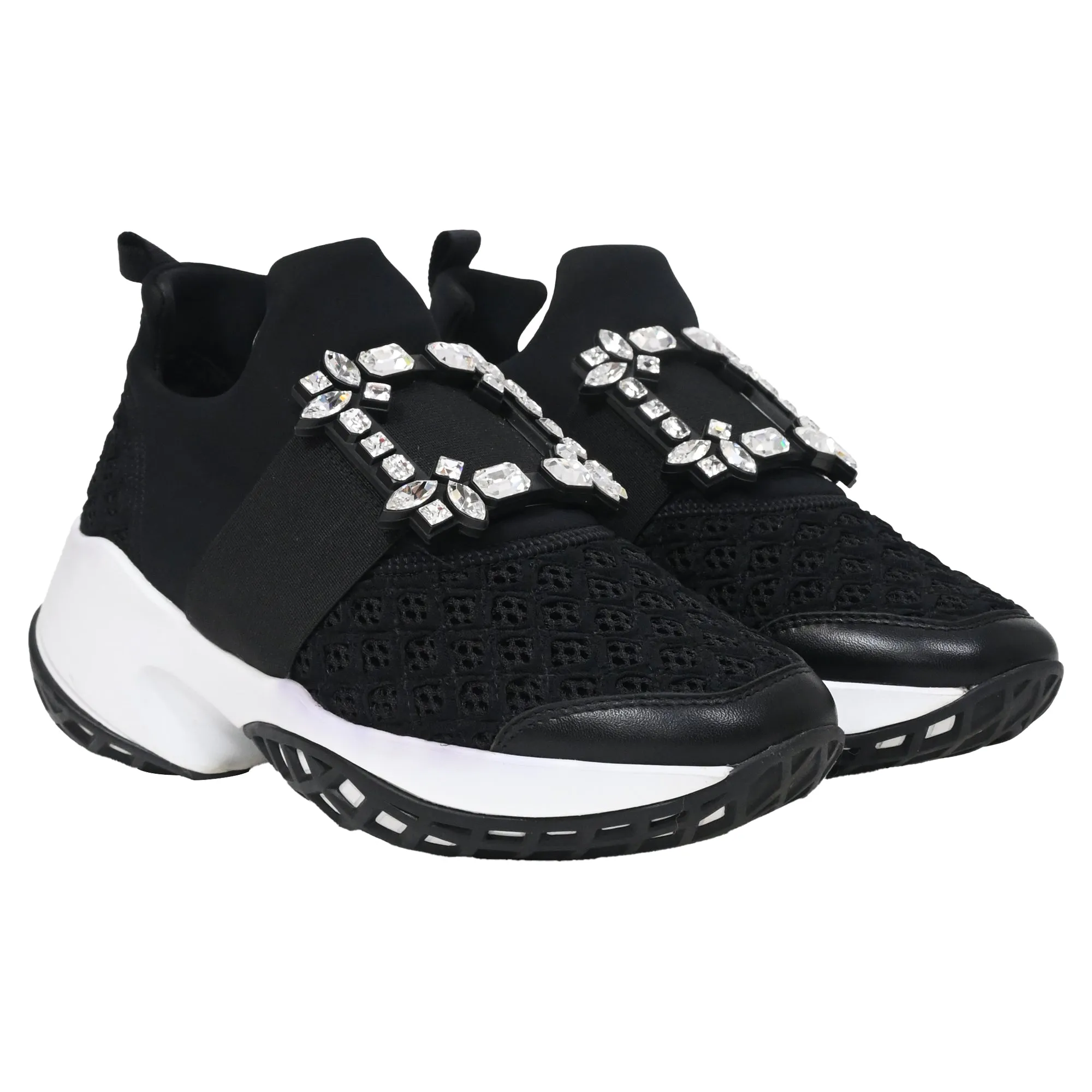 Roger Viv Mesh Crystal Embellished Slip On Sneakers in Black Nylon