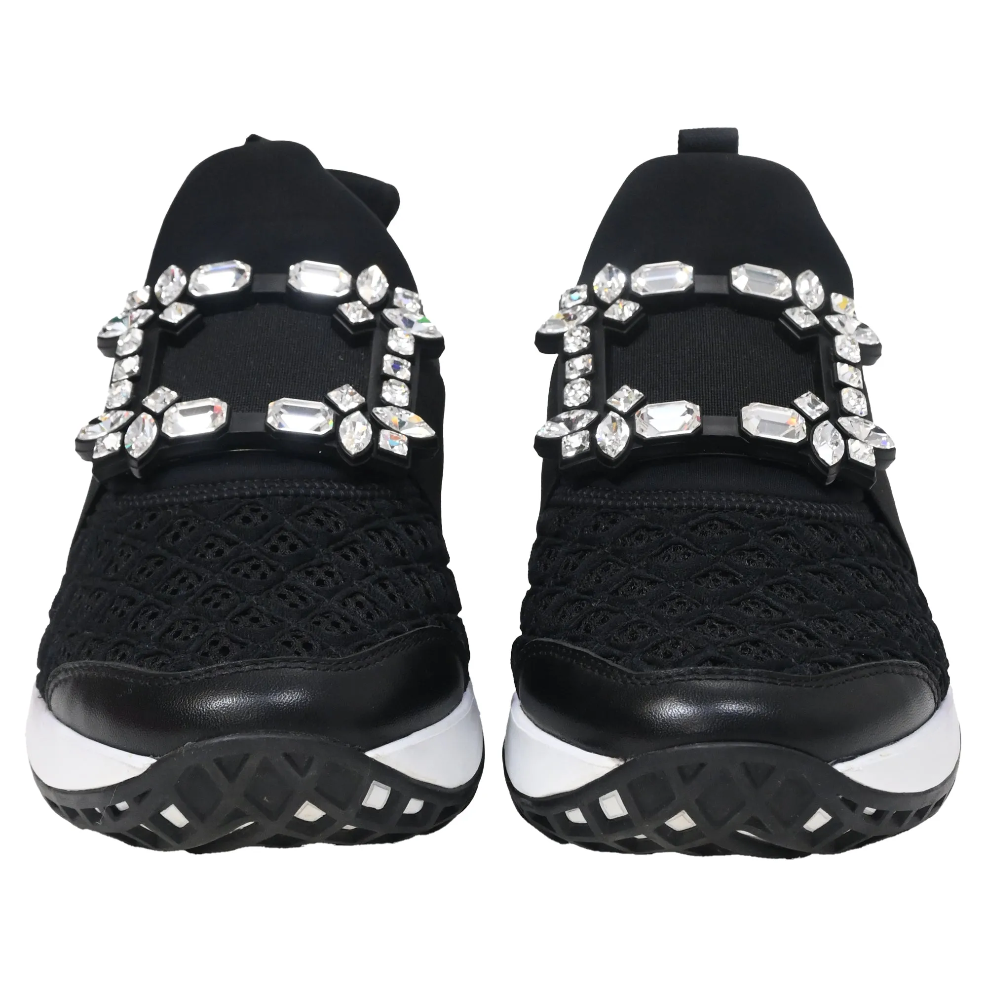 Roger Viv Mesh Crystal Embellished Slip On Sneakers in Black Nylon