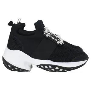 Roger Viv Mesh Crystal Embellished Slip On Sneakers in Black Nylon