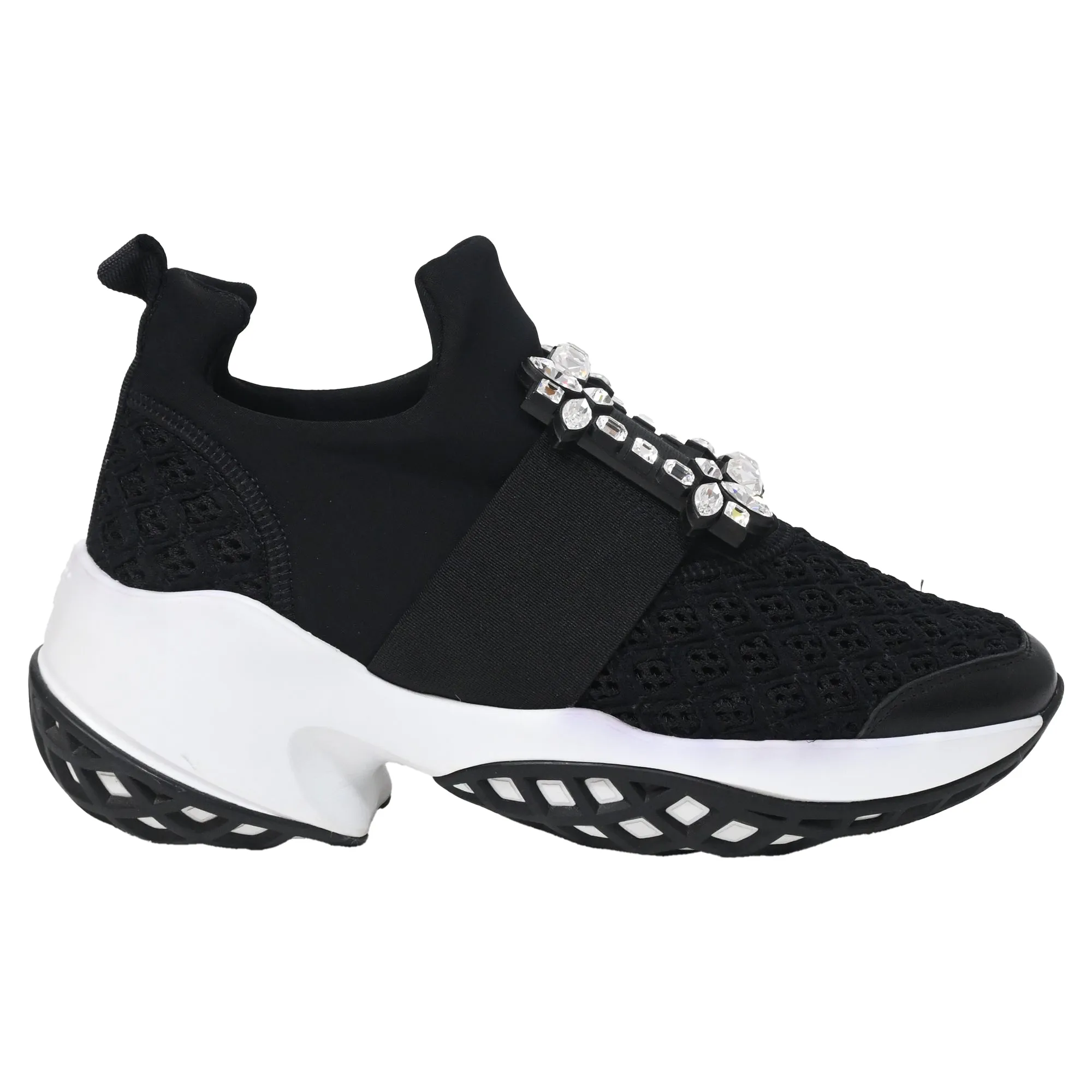 Roger Viv Mesh Crystal Embellished Slip On Sneakers in Black Nylon