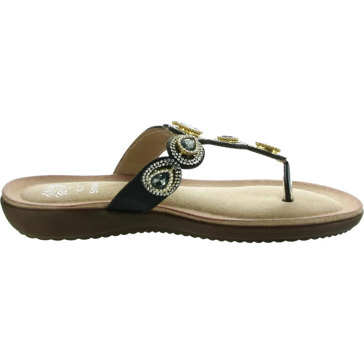 Womens Embellished Faux Leather Flip-Flops