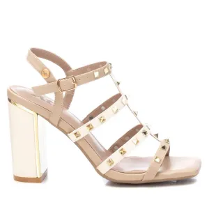 Women's Heeled Sandals With Gold Studs In Beige